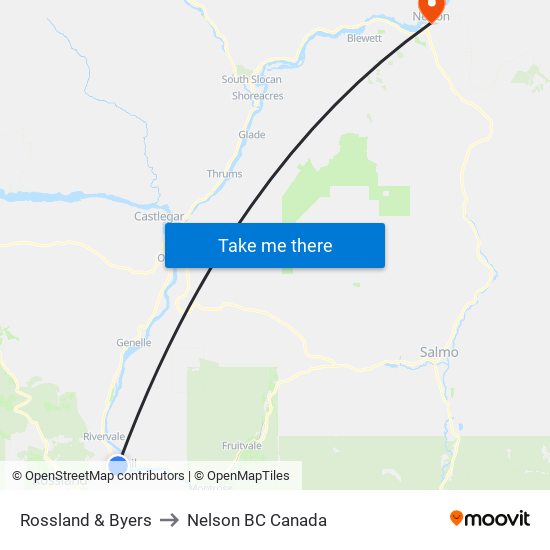 Rossland & Byers to Nelson BC Canada map