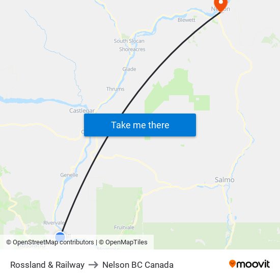 Rossland & Railway to Nelson BC Canada map