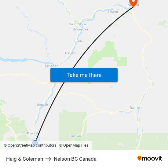 Haig & Coleman to Nelson BC Canada map