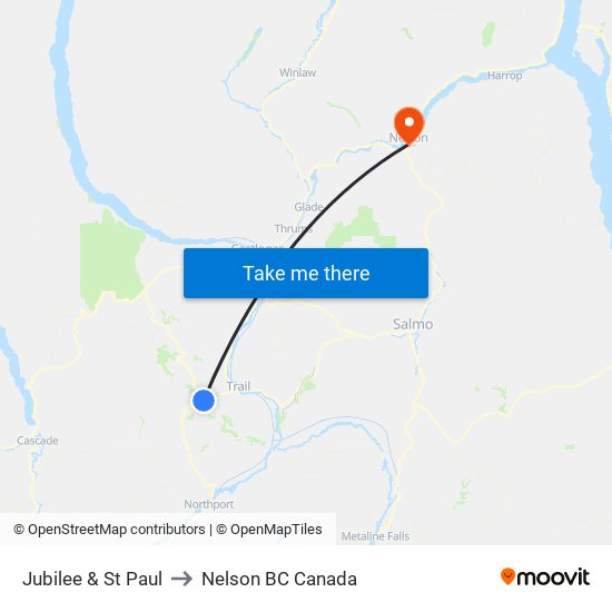 Jubilee & St Paul to Nelson BC Canada map