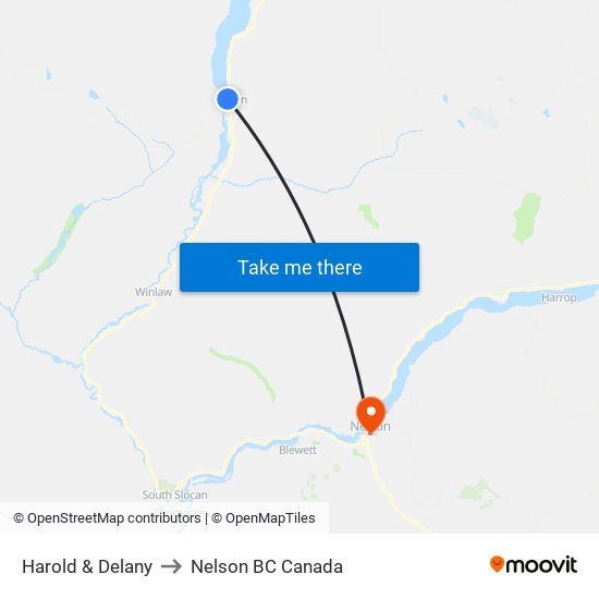 Harold & Delany to Nelson BC Canada map