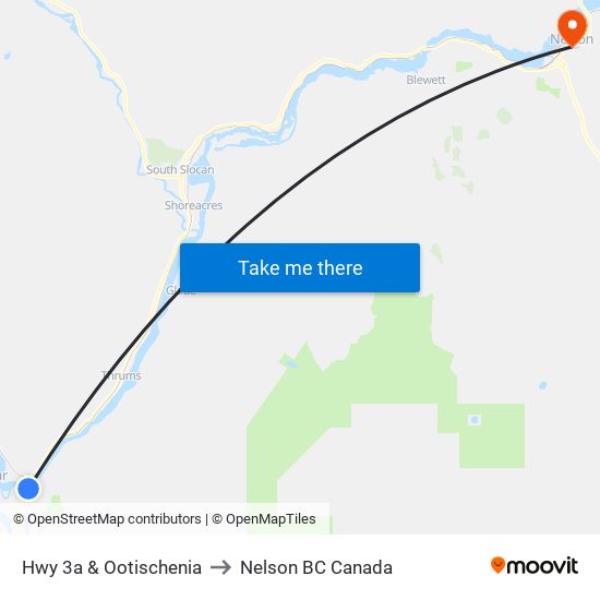 Hwy 3a & Ootischenia to Nelson BC Canada map