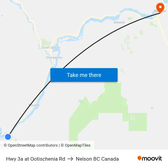 Hwy 3a at Ootischenia Rd to Nelson BC Canada map