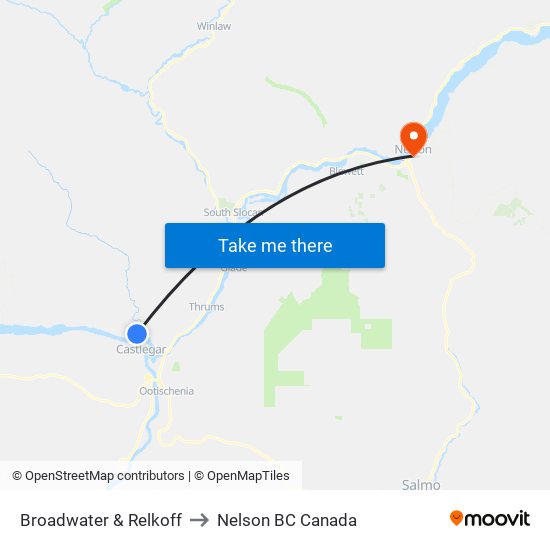 Broadwater & Relkoff to Nelson BC Canada map