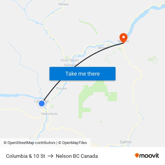 Columbia & 10 St to Nelson BC Canada map