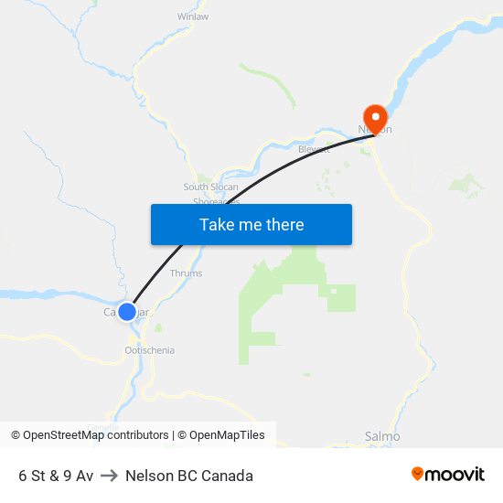 6 St & 9 Av to Nelson BC Canada map