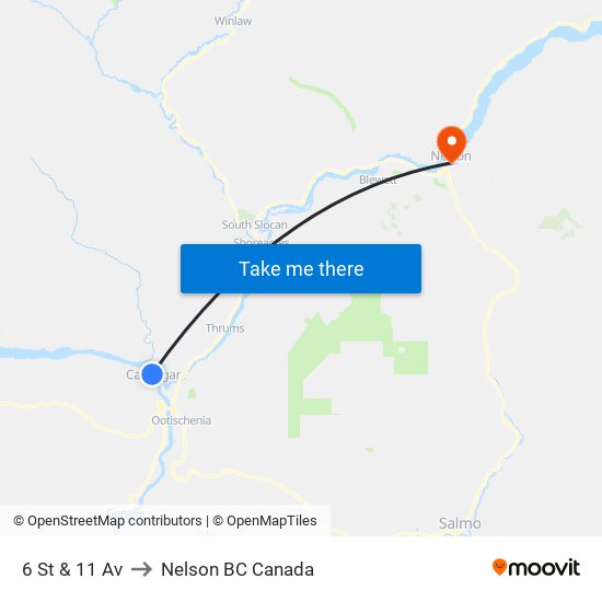 6 St & 11 Av to Nelson BC Canada map