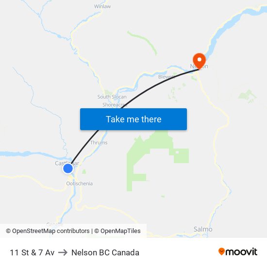 11 St & 7 Av to Nelson BC Canada map