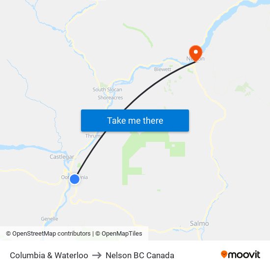 Columbia & Waterloo to Nelson BC Canada map