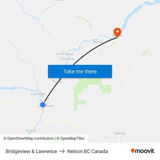 Bridgeview & Lawrence to Nelson BC Canada map