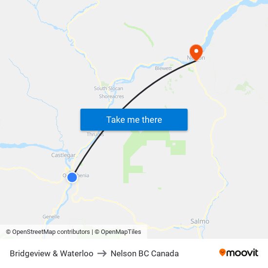 Bridgeview & Waterloo to Nelson BC Canada map