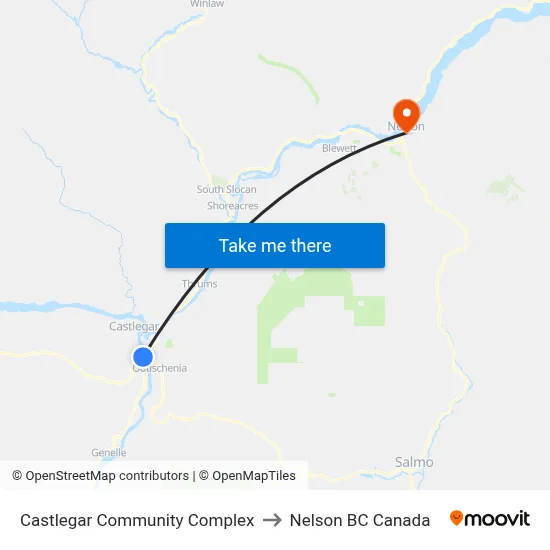 Castlegar Community Complex to Nelson BC Canada map