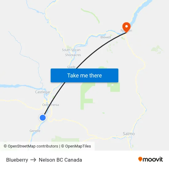 Blueberry to Nelson BC Canada map