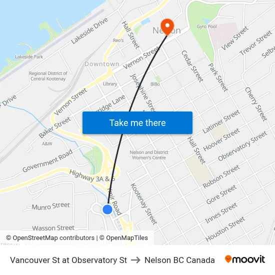 Vancouver St at Observatory St to Nelson BC Canada map