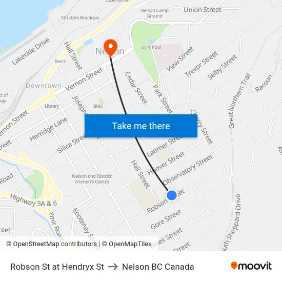 Robson St at Hendryx St to Nelson BC Canada map