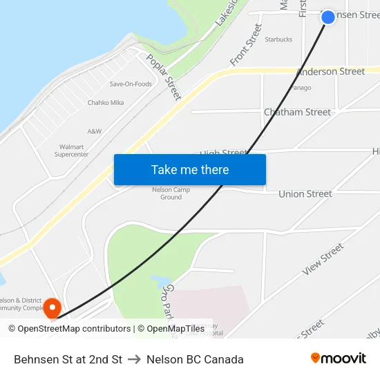 Behnsen St at 2nd St to Nelson BC Canada map