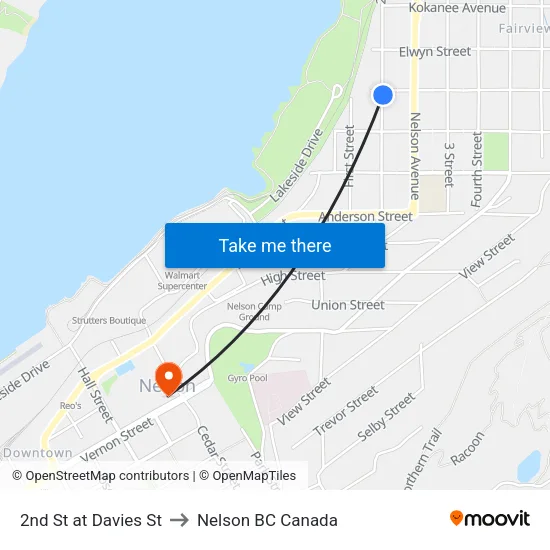 2nd St at Davies St to Nelson BC Canada map