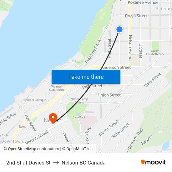 2nd St at Davies St to Nelson BC Canada map
