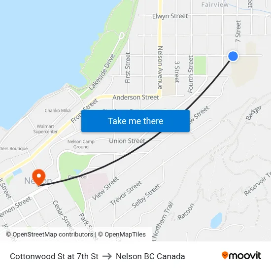 Cottonwood St at 7th St to Nelson BC Canada map