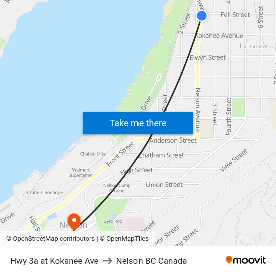 Hwy 3a at Kokanee Ave to Nelson BC Canada map
