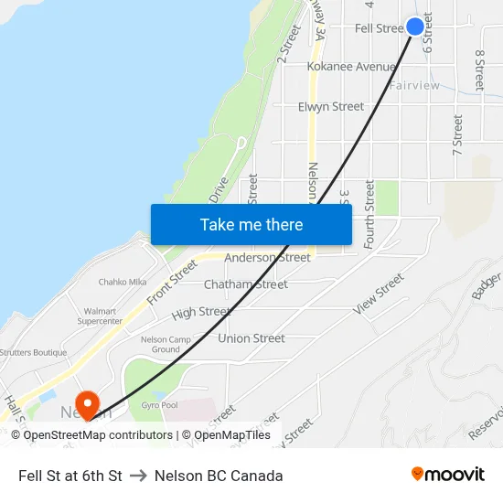 Fell St at 6th St to Nelson BC Canada map