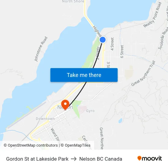 Gordon St at Lakeside Park to Nelson BC Canada map