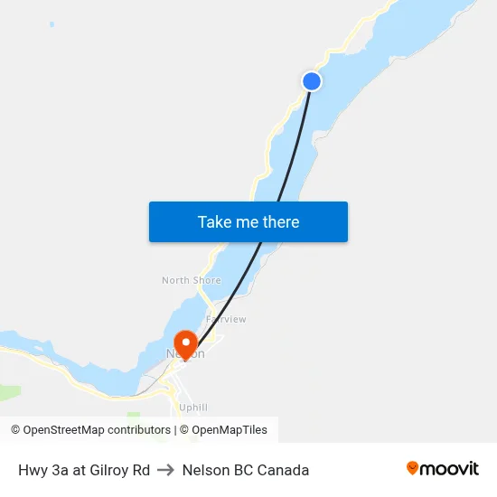 Hwy 3a at Gilroy Rd to Nelson BC Canada map