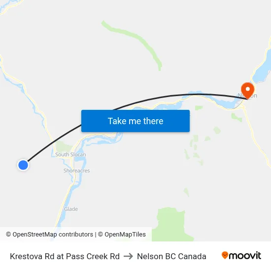 Krestova Rd at Pass Creek Rd to Nelson BC Canada map