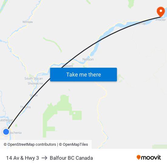 14 Av & Hwy 3 to Balfour BC Canada map