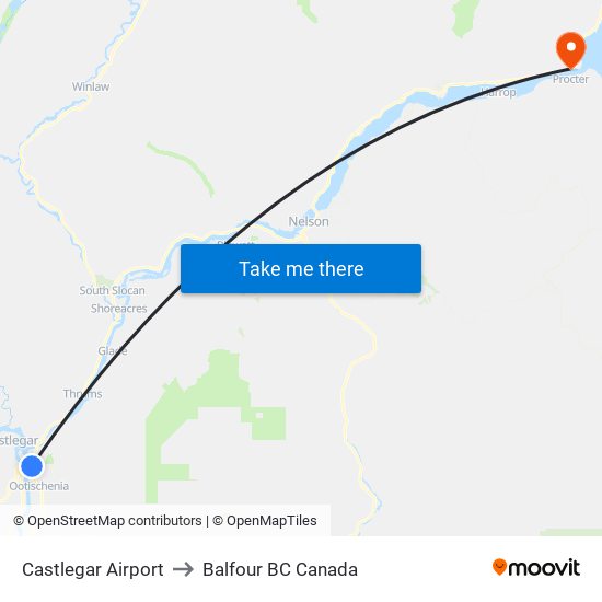 Castlegar Airport to Balfour BC Canada map