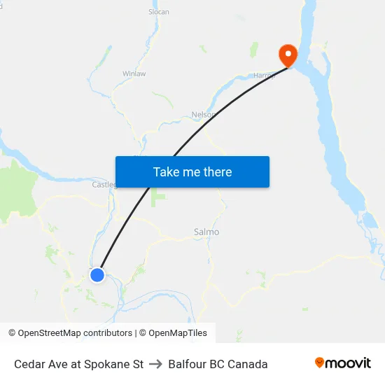 Cedar Ave at Spokane St to Balfour BC Canada map