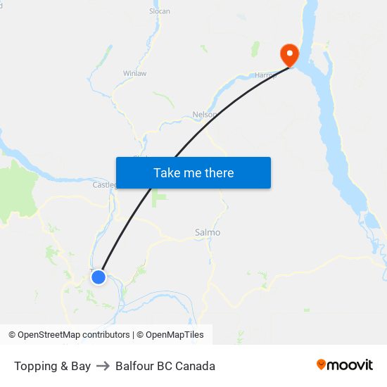 Topping & Bay to Balfour BC Canada map