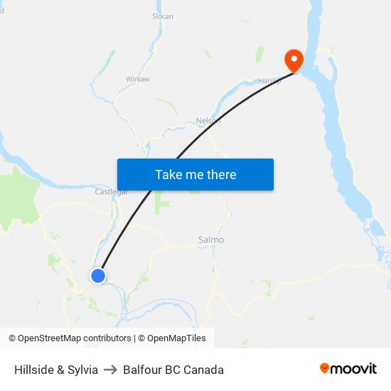 Hillside & Sylvia to Balfour BC Canada map