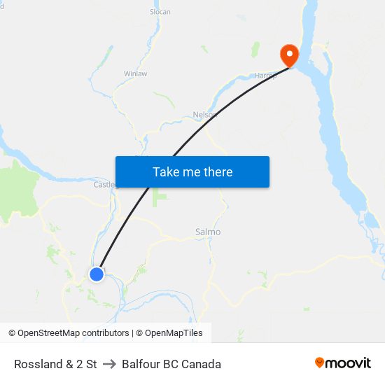 Rossland & 2 St to Balfour BC Canada map