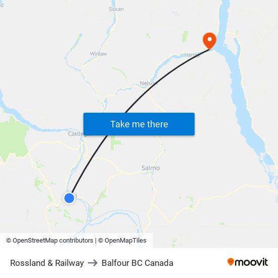 Rossland & Railway to Balfour BC Canada map