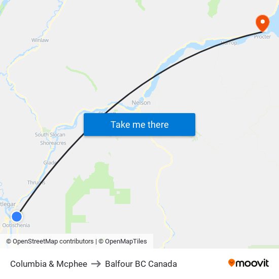 Columbia & Mcphee to Balfour BC Canada map