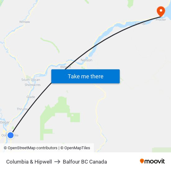 Columbia & Hipwell to Balfour BC Canada map