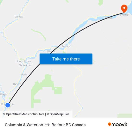 Columbia & Waterloo to Balfour BC Canada map