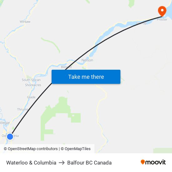 Waterloo & Columbia to Balfour BC Canada map