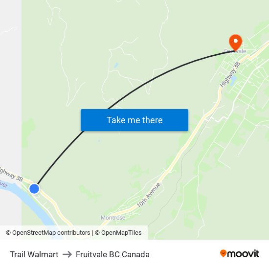 Trail Walmart to Fruitvale BC Canada map