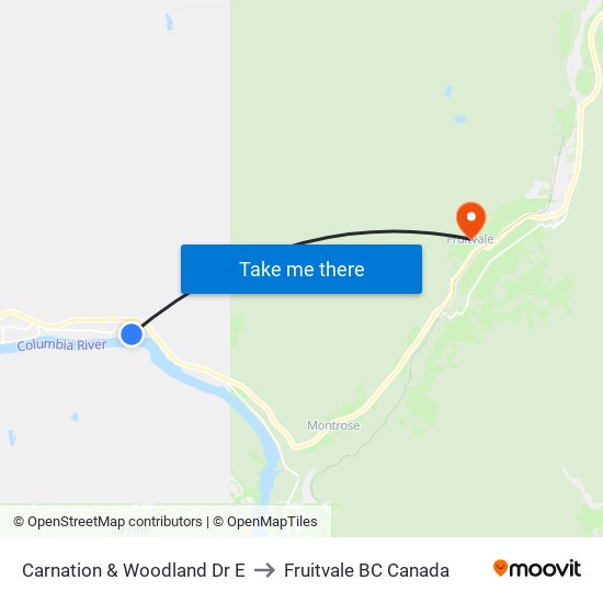 Carnation & Woodland Dr E to Fruitvale BC Canada map