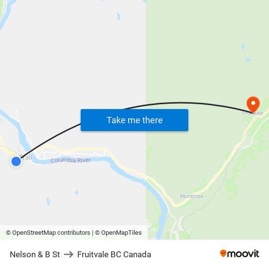 Nelson & B St to Fruitvale BC Canada map