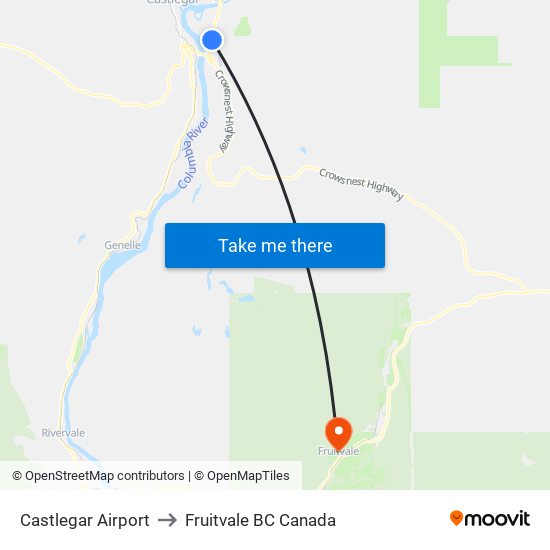 Castlegar Airport to Fruitvale BC Canada map