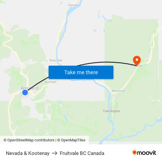Nevada & Kootenay to Fruitvale BC Canada map