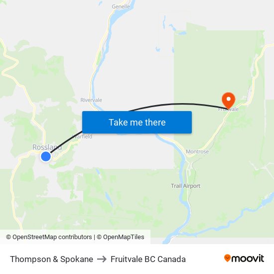 Thompson & Spokane to Fruitvale BC Canada map
