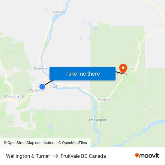 Wellington & Turner to Fruitvale BC Canada map