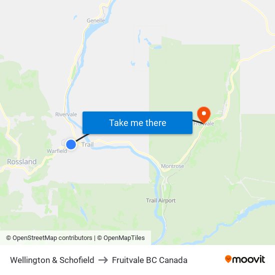 Wellington & Schofield to Fruitvale BC Canada map