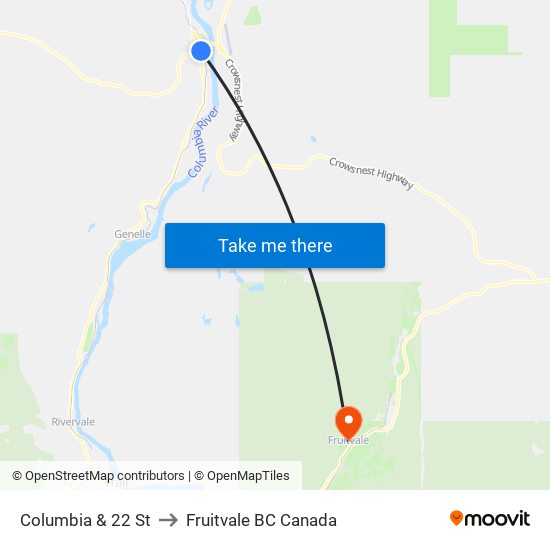 Columbia & 22 St to Fruitvale BC Canada map