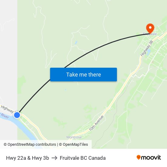 Hwy 22a & Hwy 3b to Fruitvale BC Canada map