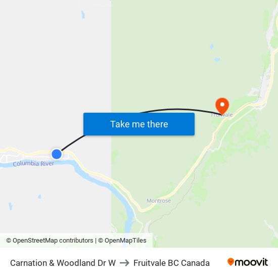 Carnation & Woodland Dr W to Fruitvale BC Canada map